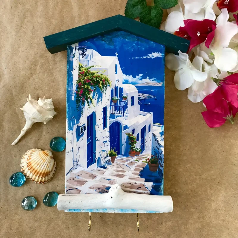 Χειροποίητη Ξύλινη Κλειδοθήκη Santorini 13x23cm