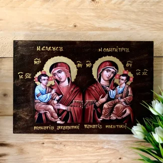 Παναγία Διπλή Παναγία Ελεούσα και Παναγία Οδηγήτρια – Χειροποίητη Εικόνα σε Ξύλο
