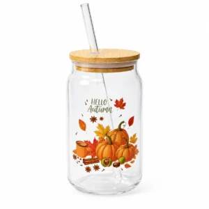 Κούπα με καλαμάκι Hello Autumn με φθινοπωρινό σχέδιο 450ml – Διάφανο