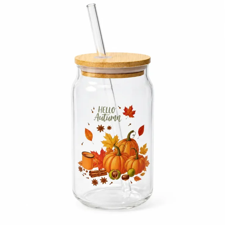 Κούπα με καλαμάκι Hello Autumn με φθινοπωρινό σχέδιο 450ml – Διάφανο
