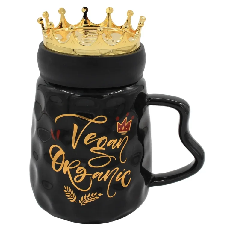 Κούπα Κεραμική Vegan Με Πλαστικό Καπάκι 79194-4 440ml Φ9x15cm Black - Gold Keskor